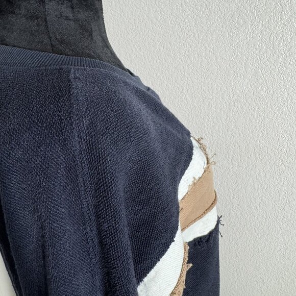 Aemi & Co Size L Frayed Colorblock Crew Neck Sweater Navy/Tan/White Cotton Blend - Picture 4 of 10